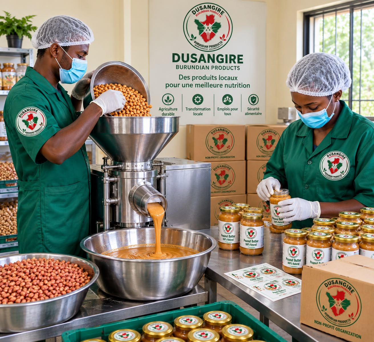 Équipe DUSANGIRE fabriquant du beurre d'arachide dans un atelier de transformation