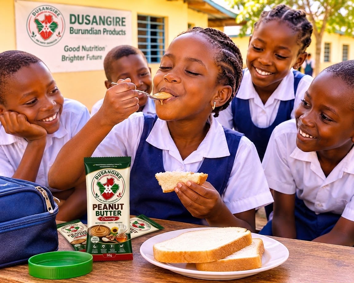 Écoliers souriants autour d'une élève qui goûte du pain au beurre d'arachide DUSANGIRE