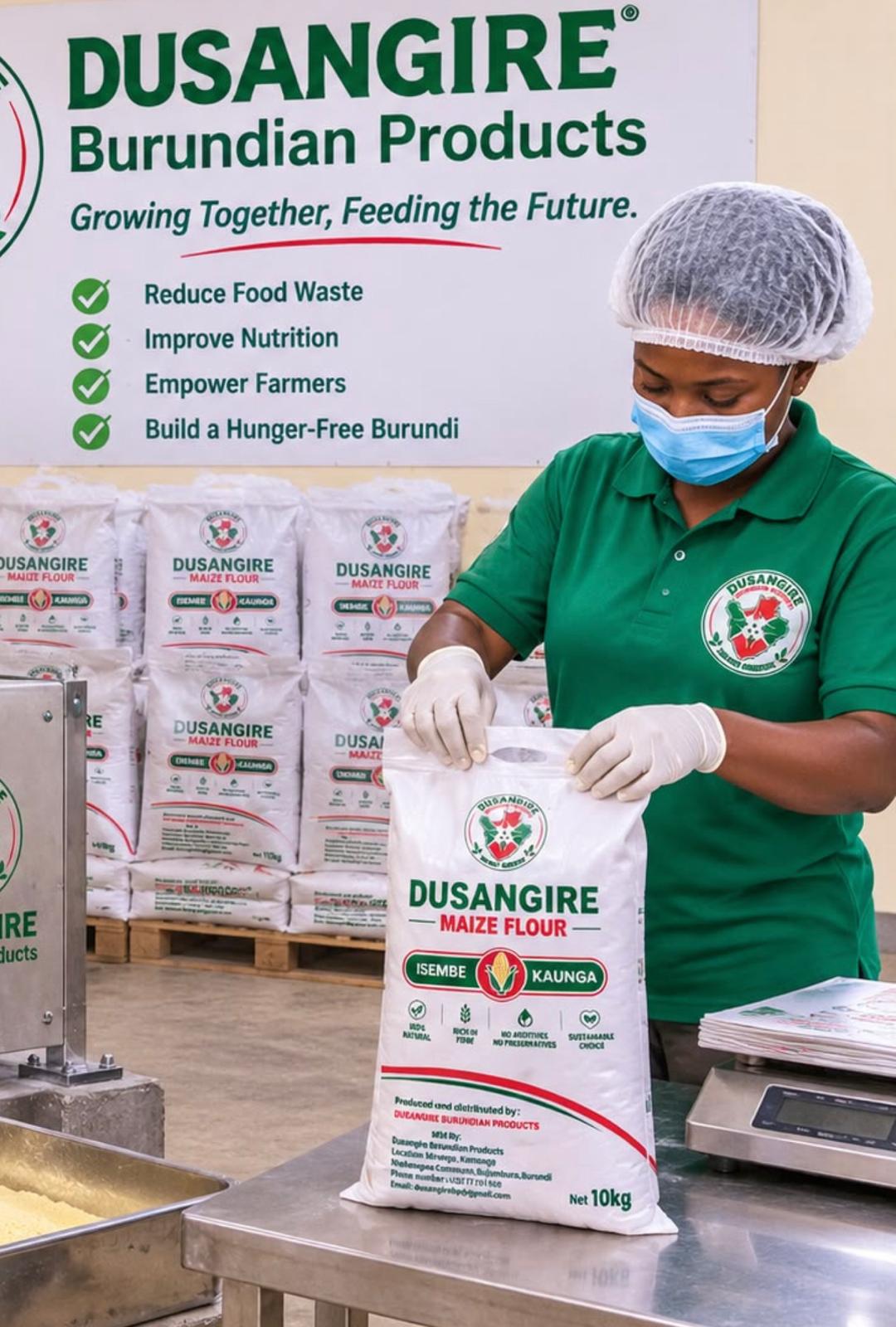 Employée DUSANGIRE ensachant la farine de maïs ISEMBE KAUNGA en sac de 10 kg