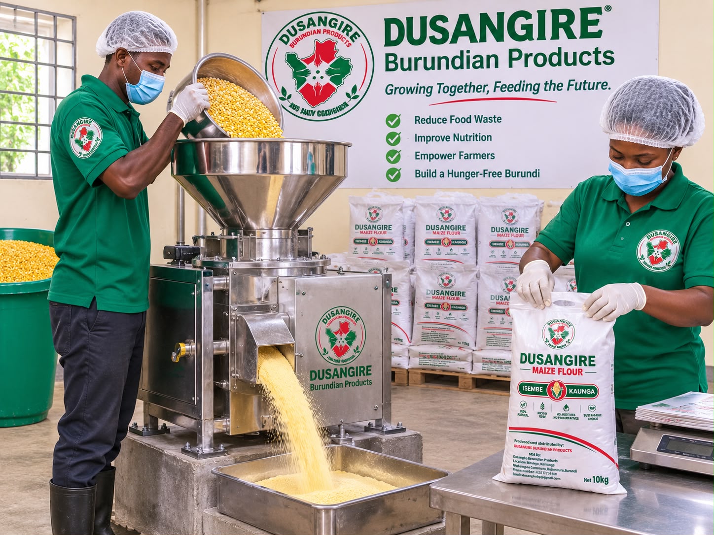 Équipe DUSANGIRE transformant du maïs en farine et remplissant un sac dans un atelier